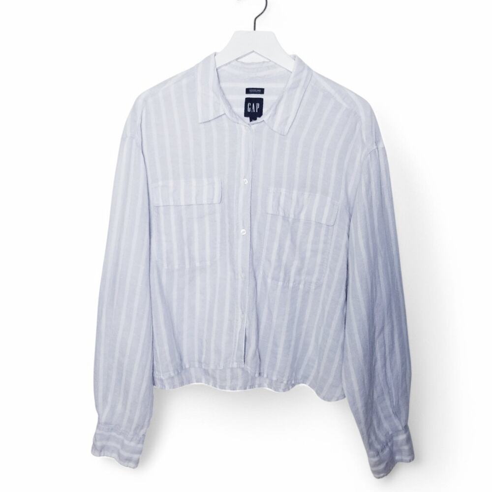GAP 100% Linen Cropped Shirt Light Blue & White - Size XL - Picture 3 of 8
